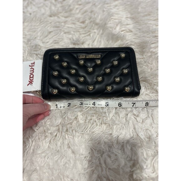 LOVE MOSCHINO Black Vegan Leather Gold Heart Studded Full Zip Wallet Red Inside - Picture 15 of 16